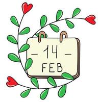 A composition of hand-drawn vector images for Valentine's Day. Decoration for Valentine's Day. A flower with a heart. Desktop calendar with the date February 14.