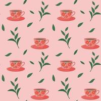Seamless pattern with cup, saucer and tea leaves. Vector pattern in a flat view.