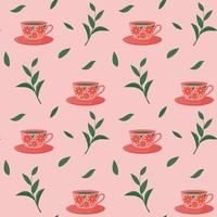 Seamless pattern with cup, saucer and tea leaves. Vector pattern in a flat view.