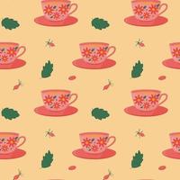 Seamless pattern with cup and saucer and fruit tea, hawthorn and mint leaves. Vector image.