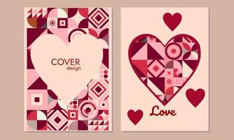 Happy Valentine's Day set of simple cards, cover or backgrounds with heart frame and pattern in abstract geometric style for, greetings, packaging, decor, print, web, sale vector