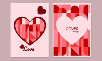 Happy Valentine's Day set of simple cards, cover or backgrounds with heart frame and pattern in abstract geometric style for, greetings, packaging, decor, print, web, sale vector