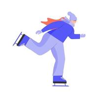 A woman in a cap, scarf and mittens is skating, cartoon character, flat vector illustration, enjoy winter season, winter sport