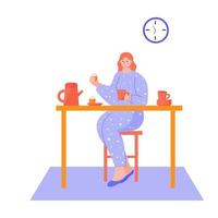 A woman is having breakfast at home. Female cartoon character, flat vector illustration. Cozy home environment.