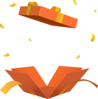 Surprise open orange gift box with gold ribbon 3d style png