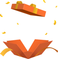 boîte cadeau orange ouverte surprise avec ruban doré style 3d png