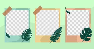 photo frame set mockup with minimalist green leaf element and tape vector