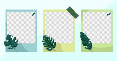 photo frame set template with cute green leaf element and tape vector