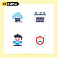 Pack of 4 Modern Flat Icons Signs and Symbols for Web Print Media such as cloud world printer date graduation Editable Vector Design Elements