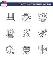 Modern Set of 9 Lines and symbols on USA Independence Day such as investigating phone muffin mobile star Editable USA Day Vector Design Elements