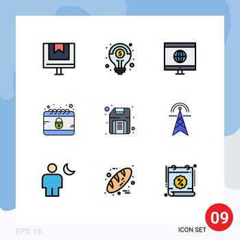 Modern Set of 9 Filledline Flat Colors Pictograph of disk internet solution cyber calendar Editable Vector Design Elements
