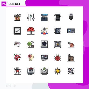 conjunto de color plano de línea llena de interfaz móvil de 25 pictogramas de dispositivos juego analógico divertido sonido elementos de diseño vectorial editables vector