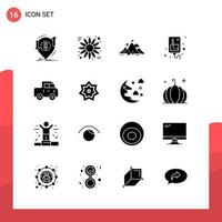 Pack of 16 Universal Glyph Icons for Print Media on White Background Creative Black Icon vector background