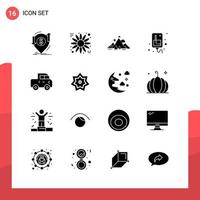 Pack of 16 Universal Glyph Icons for Print Media on White Background Creative Black Icon vector background