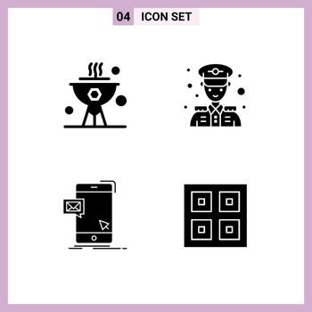 Pack of 4 Modern Solid Glyphs Signs and Symbols for Web Print Media such as bbq instant dinner police security message Editable Vector Design Elements