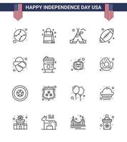 Happy Independence Day USA Pack of 16 Creative Lines of cowboy usa tent free sport ball Editable USA Day Vector Design Elements