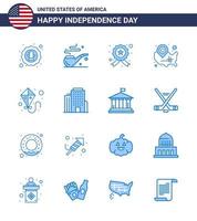 Group of 16 Blues Set for Independence day of United States of America such as kite wisconsin badge usa map Editable USA Day Vector Design Elements