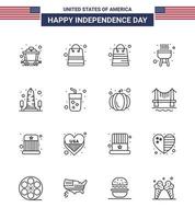 Line Pack of 16 USA Independence Day Symbols of juice alcohol bbq washington sight Editable USA Day Vector Design Elements