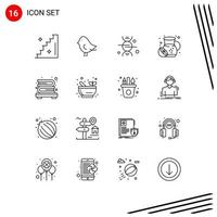 Group of 16 Modern Outlines Set for bowl books healthcare bookcase fruit Editable Vector Design Elements