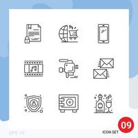 9 User Interface Outline Pack of modern Signs and Symbols of filmstrip film shopping animation android Editable Vector Design Elements