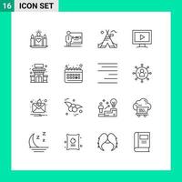 Pack of 16 Modern Outlines Signs and Symbols for Web Print Media such as shop play tent free video monitor Editable Vector Design Elements
