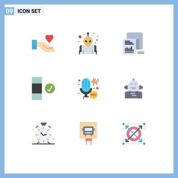 9 User Interface Flat Color Pack of modern Signs and Symbols of recording microphone documents mic complete Editable Vector Design Elements