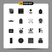 Modern Set of 16 Solid Glyphs Pictograph of men movember flowers hipster fruits Editable Vector Design Elements