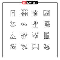 Mobile Interface Outline Set of 16 Pictograms of star moon money web up Editable Vector Design Elements