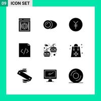 Editable Vector Line Pack of 9 Simple Solid Glyphs of chair lift cable car gastronomy html code Editable Vector Design Elements