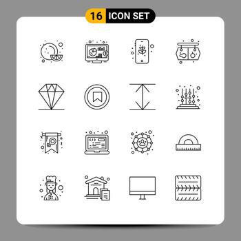 User Interface Pack of 16 Basic Outlines of interface gift mobile diamond vegetable Editable Vector Design Elements