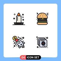 Pictogram Set of 4 Simple Filledline Flat Colors of candle launch light fast food money Editable Vector Design Elements