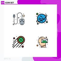 Modern Set of 4 Filledline Flat Colors and symbols such as computer time planet fast mind Editable Vector Design Elements