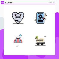 Group of 4 Modern Filledline Flat Colors Set for heart rain mother location pin weather Editable Vector Design Elements