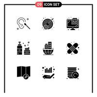 User Interface Pack of 9 Basic Solid Glyphs of business global organization monitor skincare foam Editable Vector Design Elements