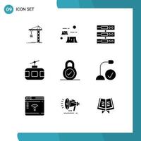 Set of 9 Vector Solid Glyphs on Grid for tour cable car destruction files storage Editable Vector Design Elements