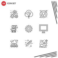 Editable Vector Line Pack of 9 Simple Outlines of spring shopping trolley graph shopping cart sauna Editable Vector Design Elements