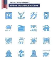 Modern Set of 16 Blues and symbols on USA Independence Day such as officer usa american food frise Editable USA Day Vector Design Elements