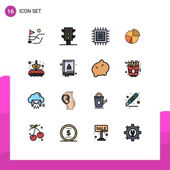 16 Universal Flat Color Filled Lines Set for Web and Mobile Applications car statistics cpu pie finance Editable Creative Vector Design Elements