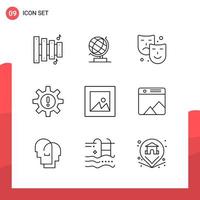 Pack of 9 Universal Outline Icons for Print Media on White Background Creative Black Icon vector background