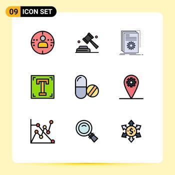 conjunto de pictogramas de 9 colores planos de línea rellena simple de elementos de diseño vectorial editables del diseñador de ruta de construcción del programa de drogas vector