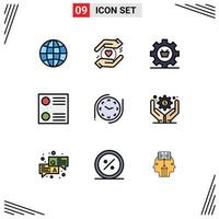 9 Universal Filledline Flat Color Signs Symbols of time radio button cart list gear Editable Vector Design Elements