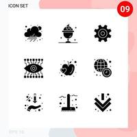 Group of 9 Modern Solid Glyphs Set for food fruit gear apple watch Editable Vector Design Elements