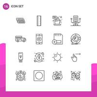 Pack of 16 Modern Outlines Signs and Symbols for Web Print Media such as application shop on wheels hot ice cream office Editable Vector Design Elements