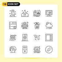 16 iconos creativos para el diseño moderno de sitios web y aplicaciones móviles receptivas 16 signos de símbolos de contorno sobre fondo blanco paquete de 16 iconos fondo de vector de icono negro creativo