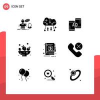 Editable Vector Line Pack of 9 Simple Solid Glyphs of banking food online backup berries mobile advertisig Editable Vector Design Elements