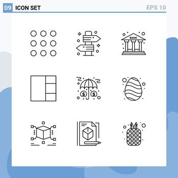9 Universal Outlines Set for Web and Mobile Applications money insurance bank assets grid Editable Vector Design Elements