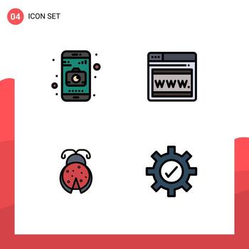 paquete de 4 signos y símbolos de colores planos de línea de relleno modernos para medios de impresión web, como la configuración de errores de primavera de aplicaciones, elementos de diseño de vectores editables