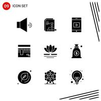 colección de 9 iconos vectoriales en estilo sólido símbolos de glifo perfecto de píxel para web y móvil signos de icono sólido sobre fondo blanco 9 iconos fondo de vector de icono negro creativo