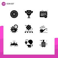 Group of 9 Modern Solid Glyphs Set for team performance authority responsibility schedule process engineering Editable Vector Design Elements