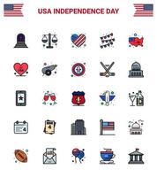 conjunto de 25 líneas llenas planas modernas paquete en el día de la independencia de estados unidos mapa unido banderines de bombilla de fiesta americana elementos de diseño de vector de día de estados unidos editables